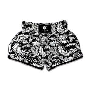 Black And White Palm Leaves Print Muay Thai Boxing Shorts