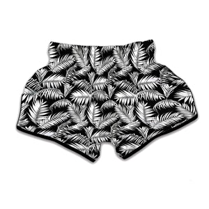 Black And White Palm Leaves Print Muay Thai Boxing Shorts