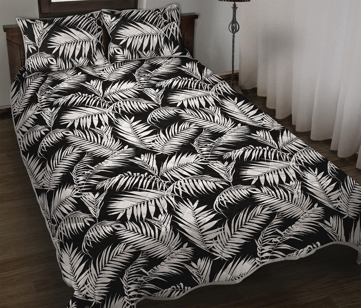 Black And White Palm Leaves Print Quilt Bed Set