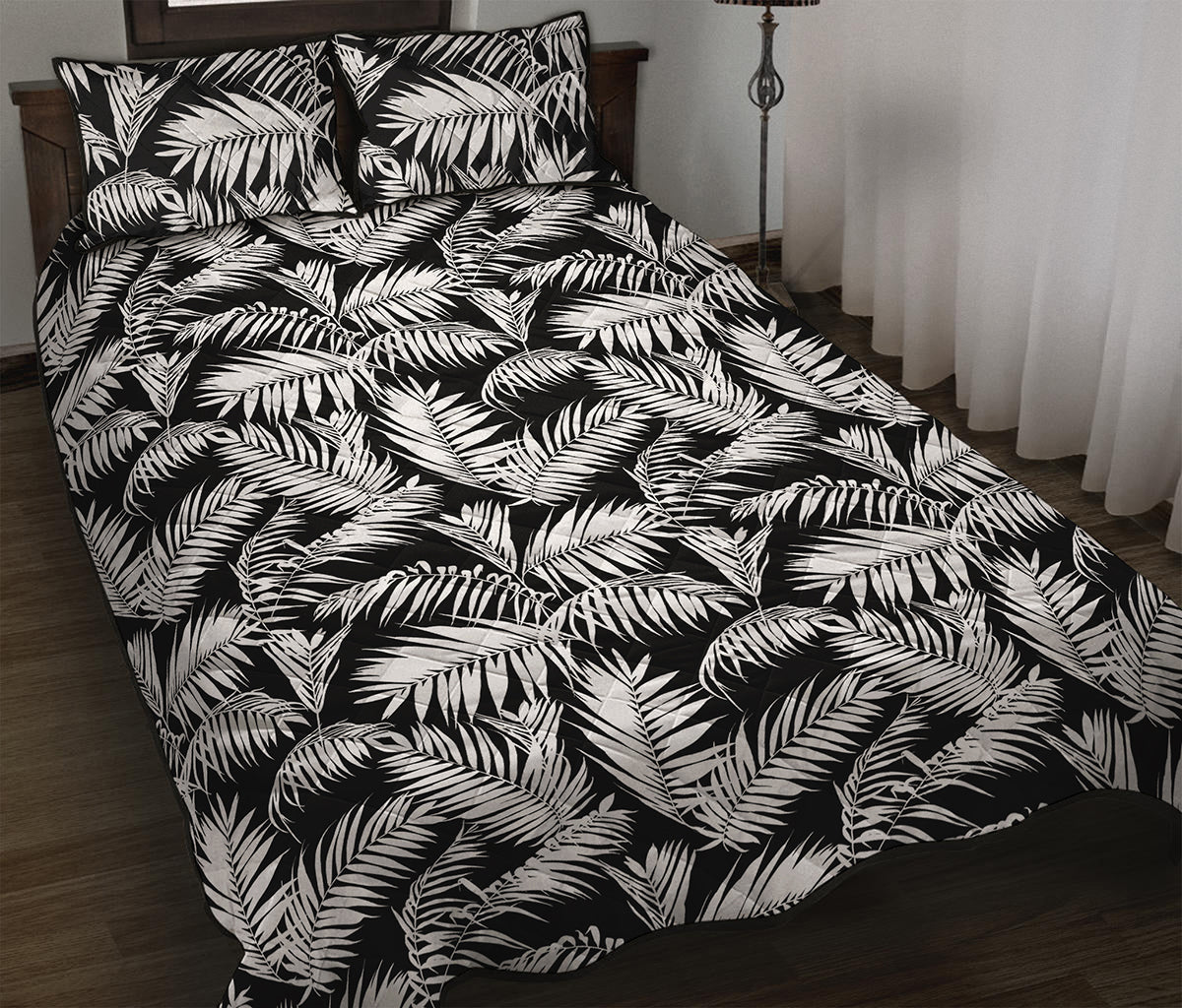 Black And White Palm Leaves Print Quilt Bed Set