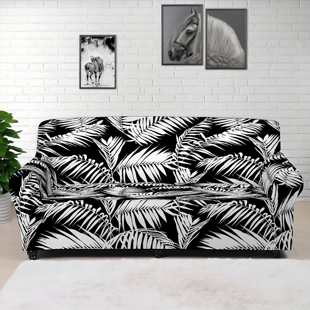 Black And White Palm Leaves Print Sofa Cover