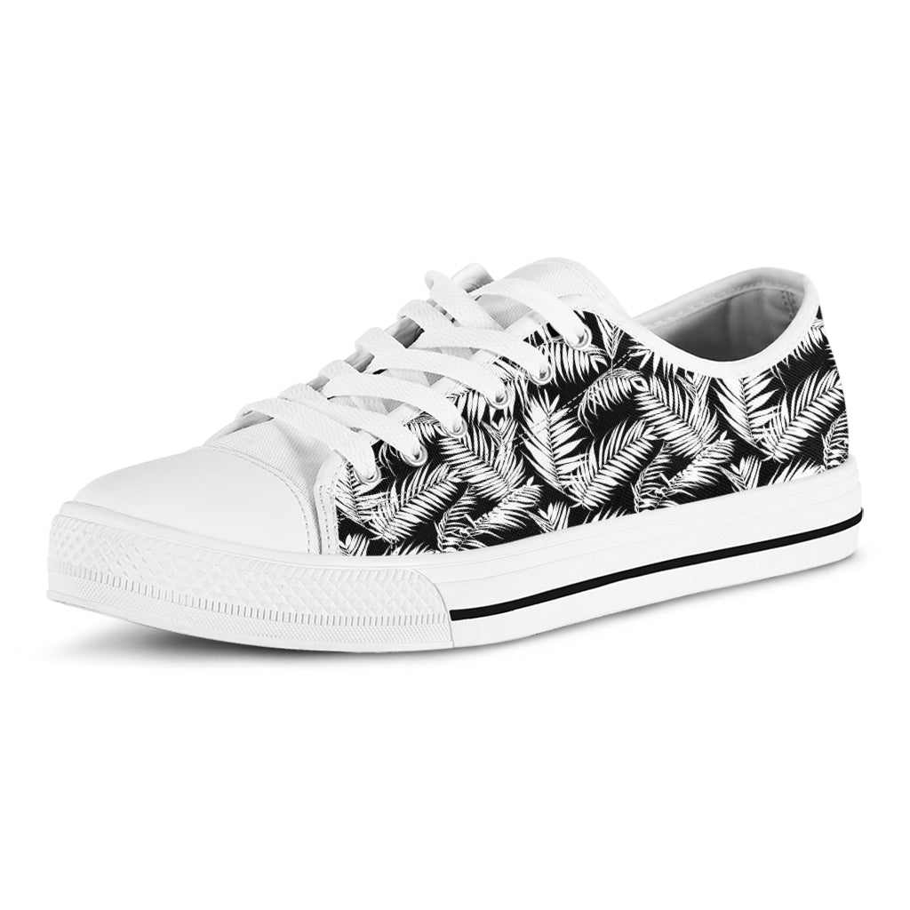 Black And White Palm Leaves Print White Low Top Shoes
