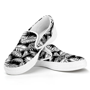 Black And White Palm Leaves Print White Slip On Shoes