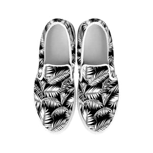 Black And White Palm Leaves Print White Slip On Shoes