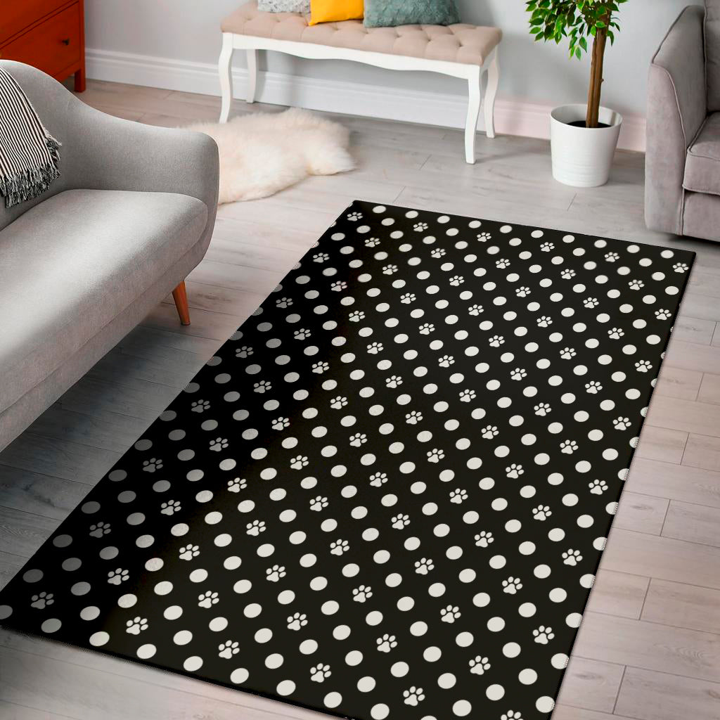 Black And White Paw And Polka Dot Print Area Rug