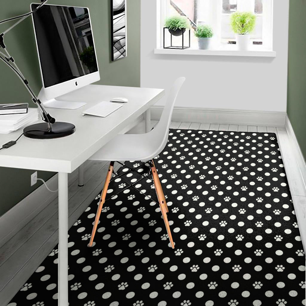 Black And White Paw And Polka Dot Print Area Rug