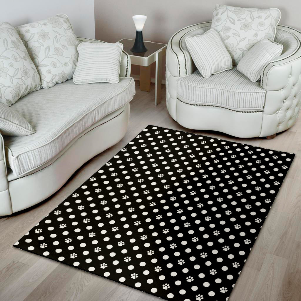 Black And White Paw And Polka Dot Print Area Rug