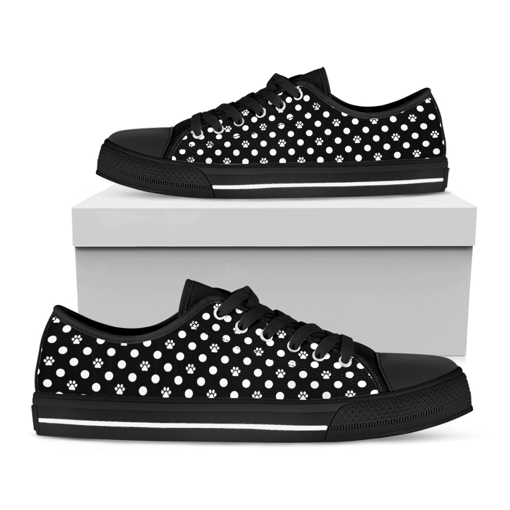 Black And White Paw And Polka Dot Print Black Low Top Shoes