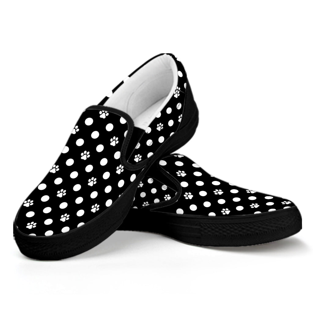 Black And White Paw And Polka Dot Print Black Slip On Shoes