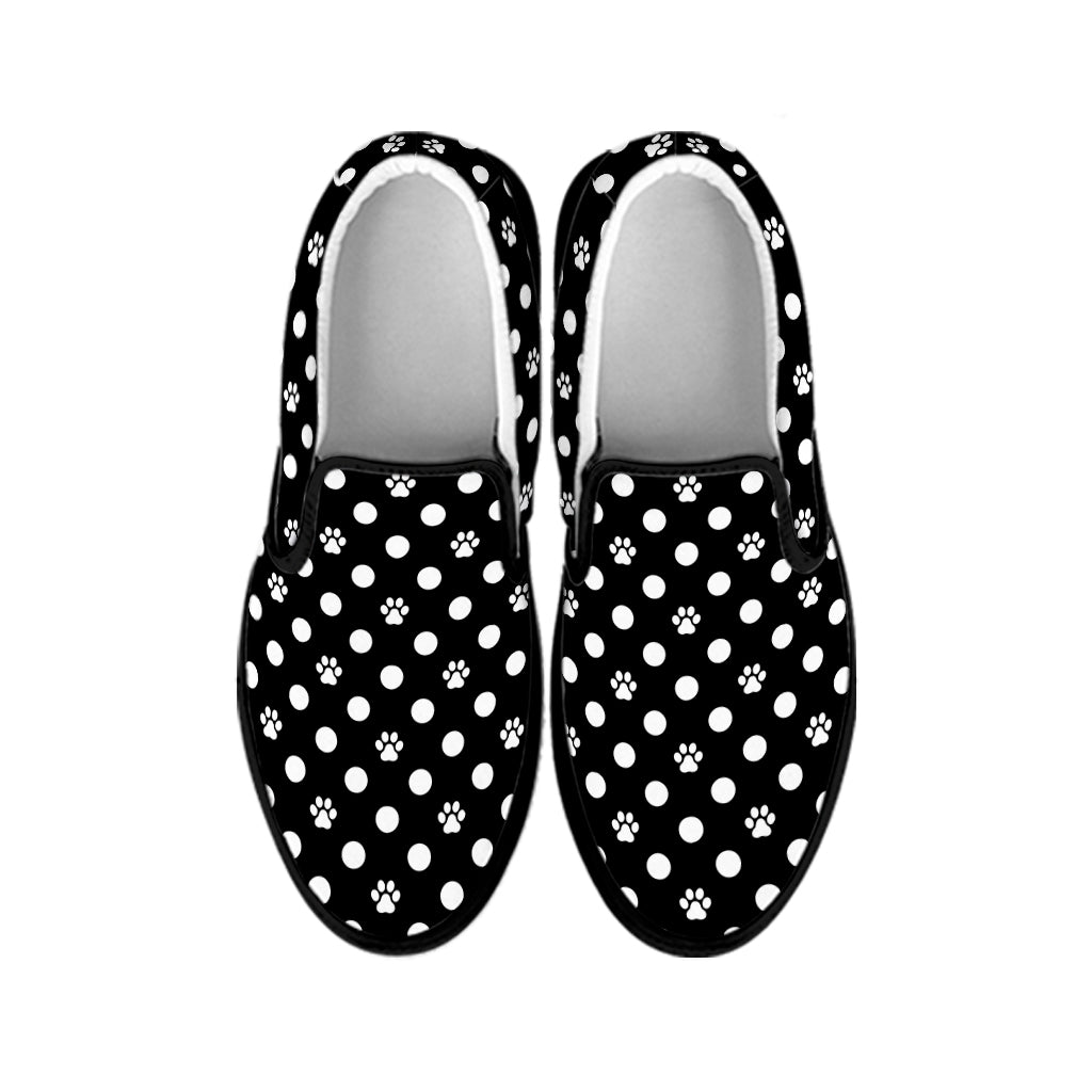 Black And White Paw And Polka Dot Print Black Slip On Shoes