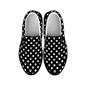 Black And White Paw And Polka Dot Print Black Slip On Shoes