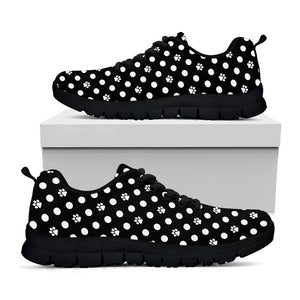 Black And White Paw And Polka Dot Print Black Sneakers