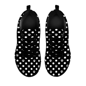 Black And White Paw And Polka Dot Print Black Sneakers
