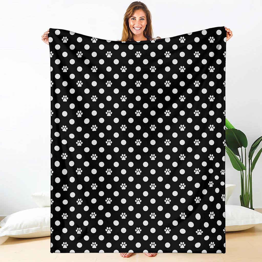 Black And White Paw And Polka Dot Print Blanket