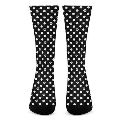Black And White Paw And Polka Dot Print Crew Socks