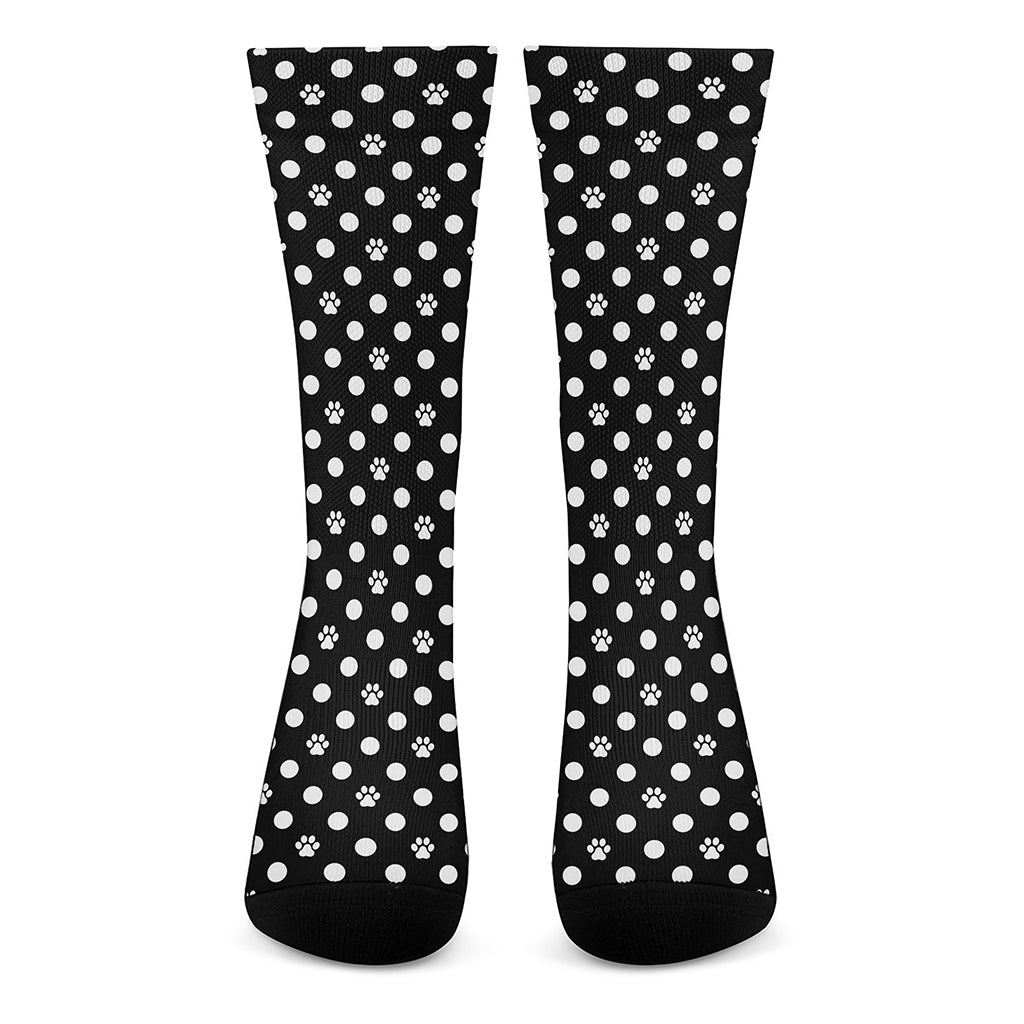 Black And White Paw And Polka Dot Print Crew Socks