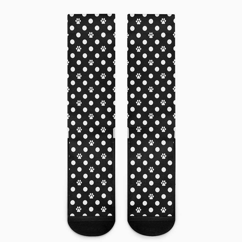 Black And White Paw And Polka Dot Print Crew Socks