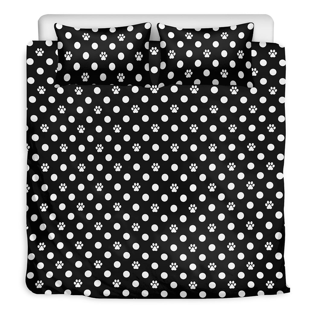 Black And White Paw And Polka Dot Print Duvet Cover Bedding Set