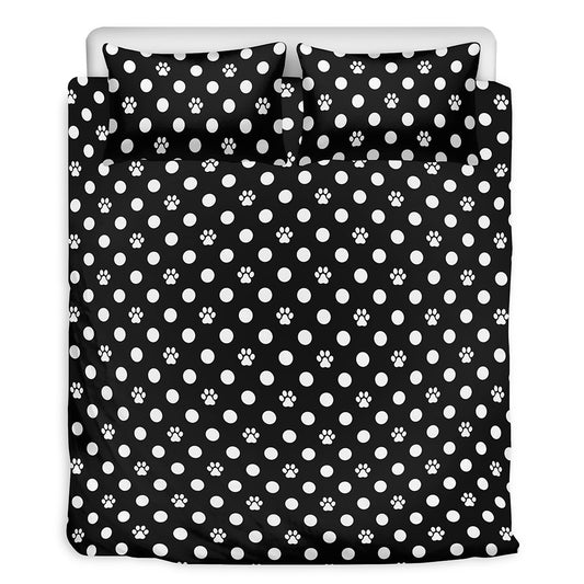 Black And White Paw And Polka Dot Print Duvet Cover Bedding Set