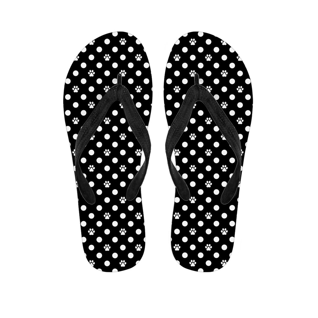 Black And White Paw And Polka Dot Print Flip Flops