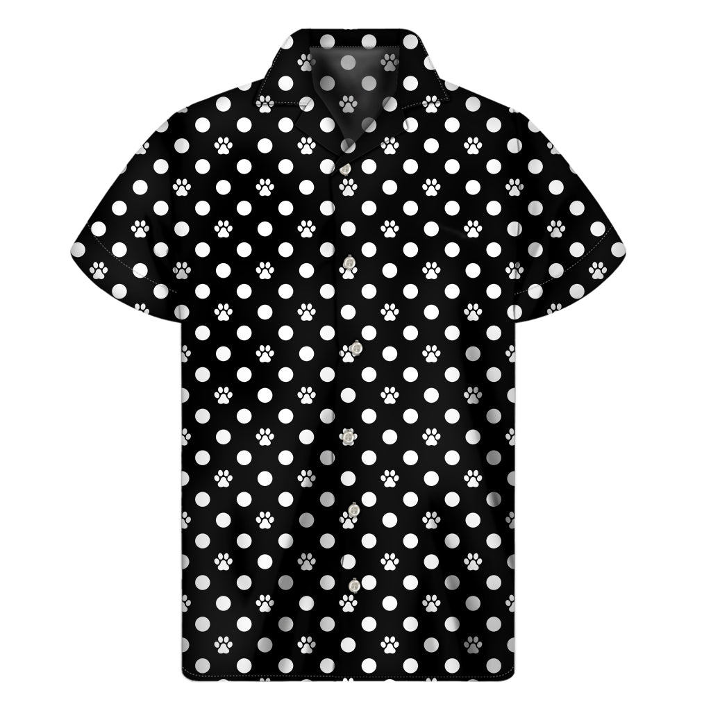 Black And White Paw And Polka Dot Print Men's Short Sleeve Shirt