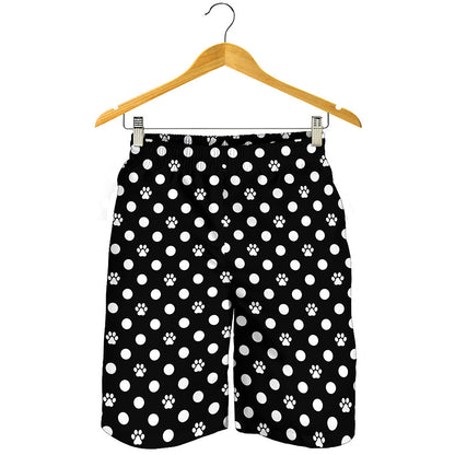 Black And White Paw And Polka Dot Print Men's Shorts