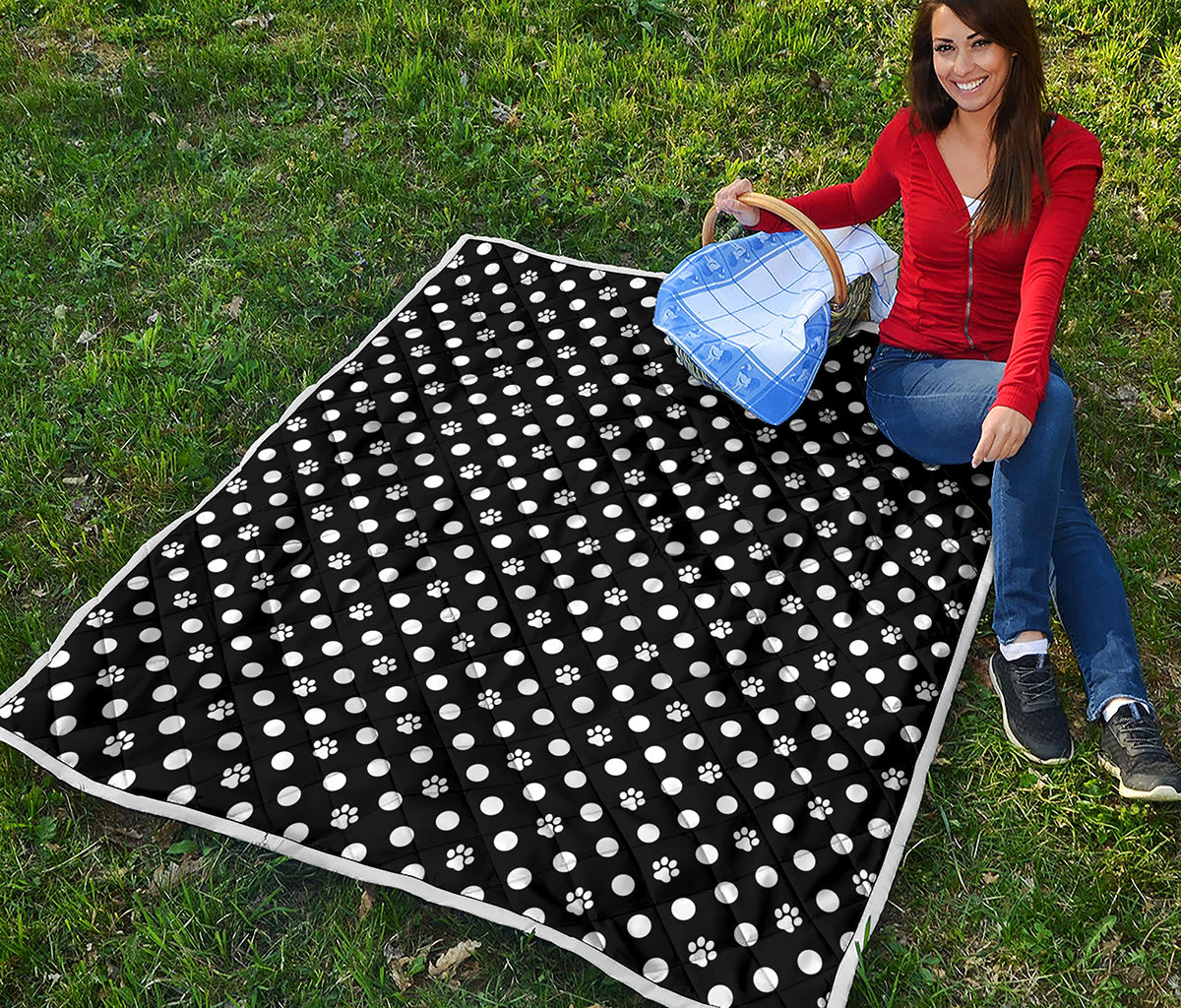 Black And White Paw And Polka Dot Print Quilt