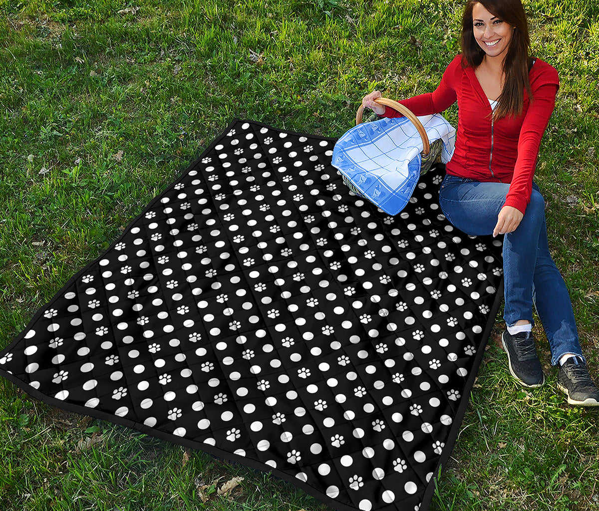 Black And White Paw And Polka Dot Print Quilt