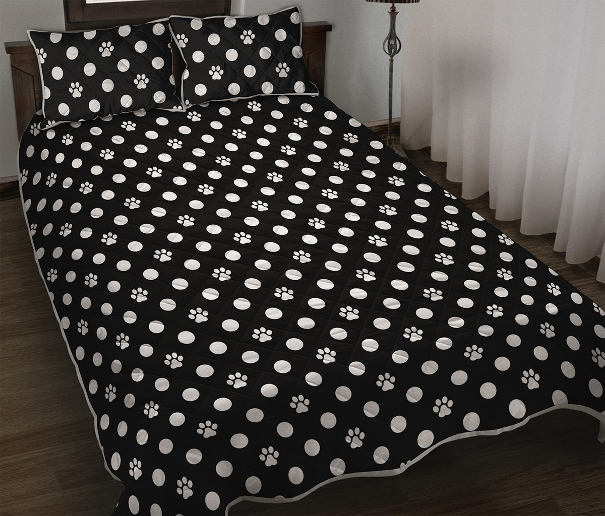Black And White Paw And Polka Dot Print Quilt Bed Set