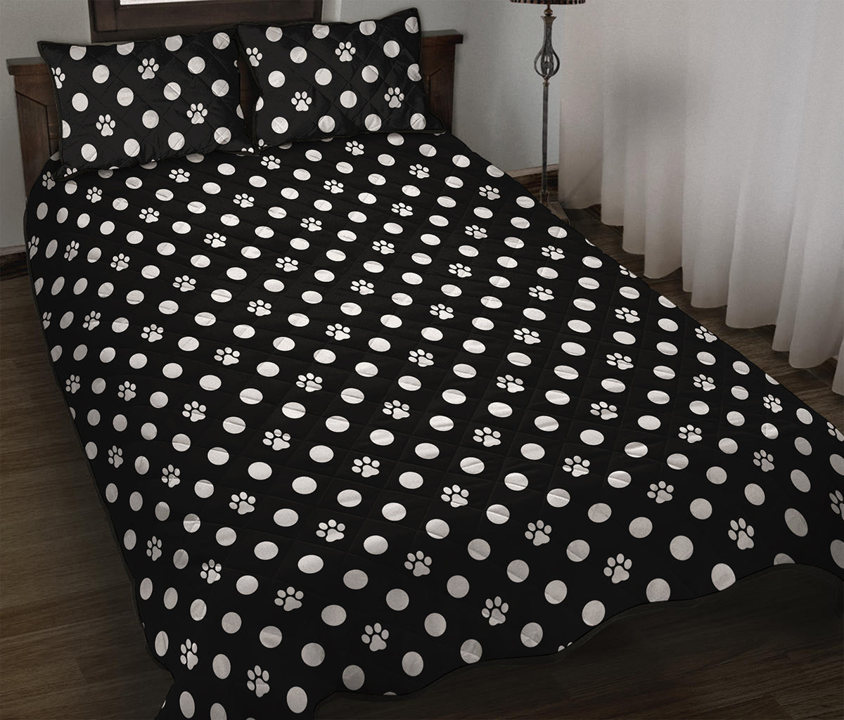 Black And White Paw And Polka Dot Print Quilt Bed Set
