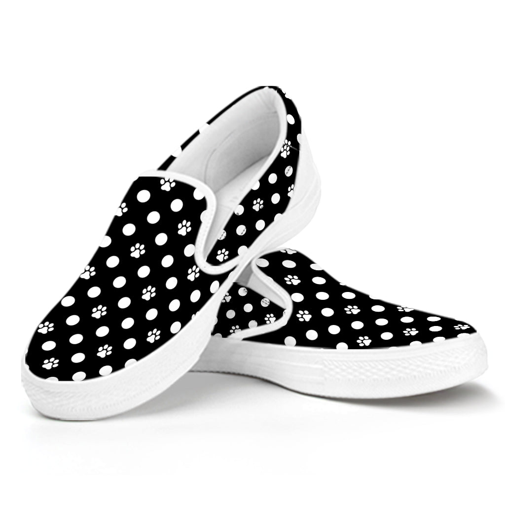 Black And White Paw And Polka Dot Print White Slip On Shoes