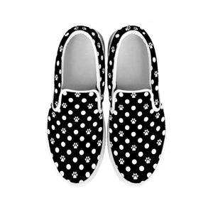 Black And White Paw And Polka Dot Print White Slip On Shoes
