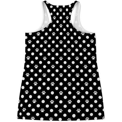 Black And White Paw And Polka Dot Print Women's Racerback Tank Top