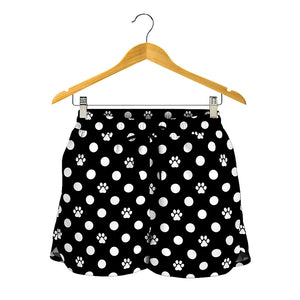 Black And White Paw And Polka Dot Print Women's Shorts