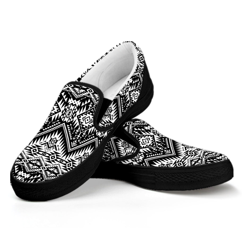 Black And White Pendleton Navajo Print Black Slip On Shoes