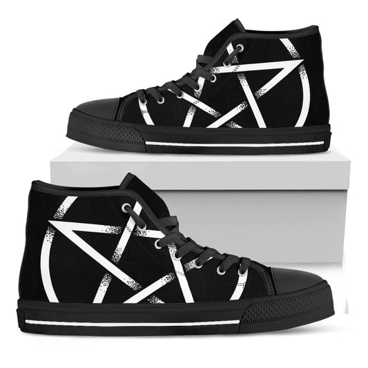 Black And White Pentagram Symbol Print Black High Top Shoes