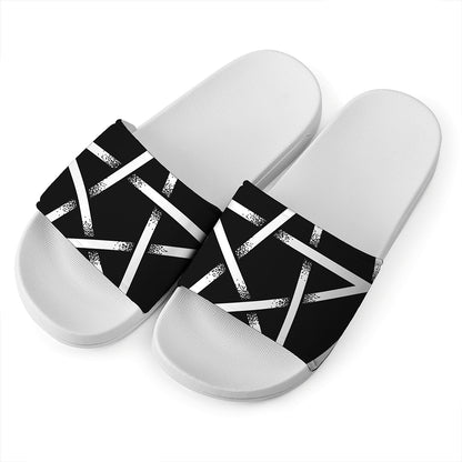 Black And White Pentagram Symbol Print White Slide Sandals