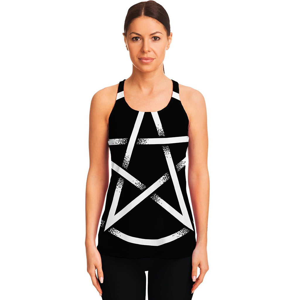 Black And White Pentagram Symbol Print Women's Racerback Tank Top