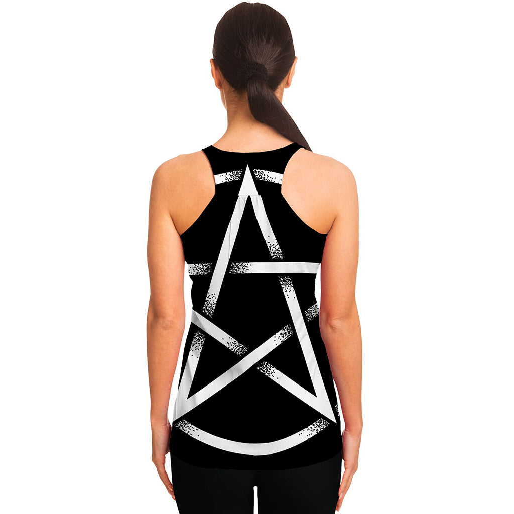 Black And White Pentagram Symbol Print Women's Racerback Tank Top