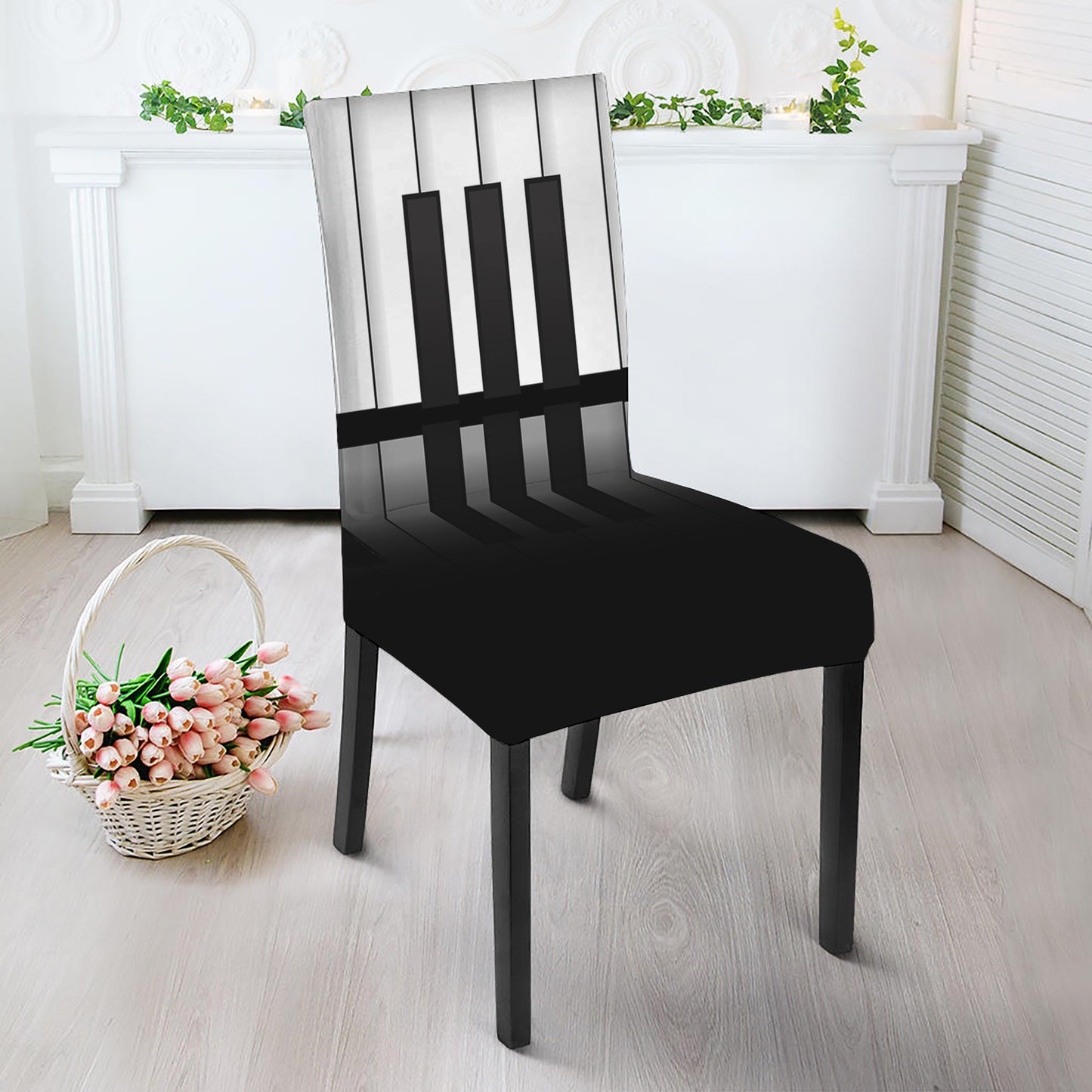 Black And White Piano Keyboard Print Dining Chair Slipcover