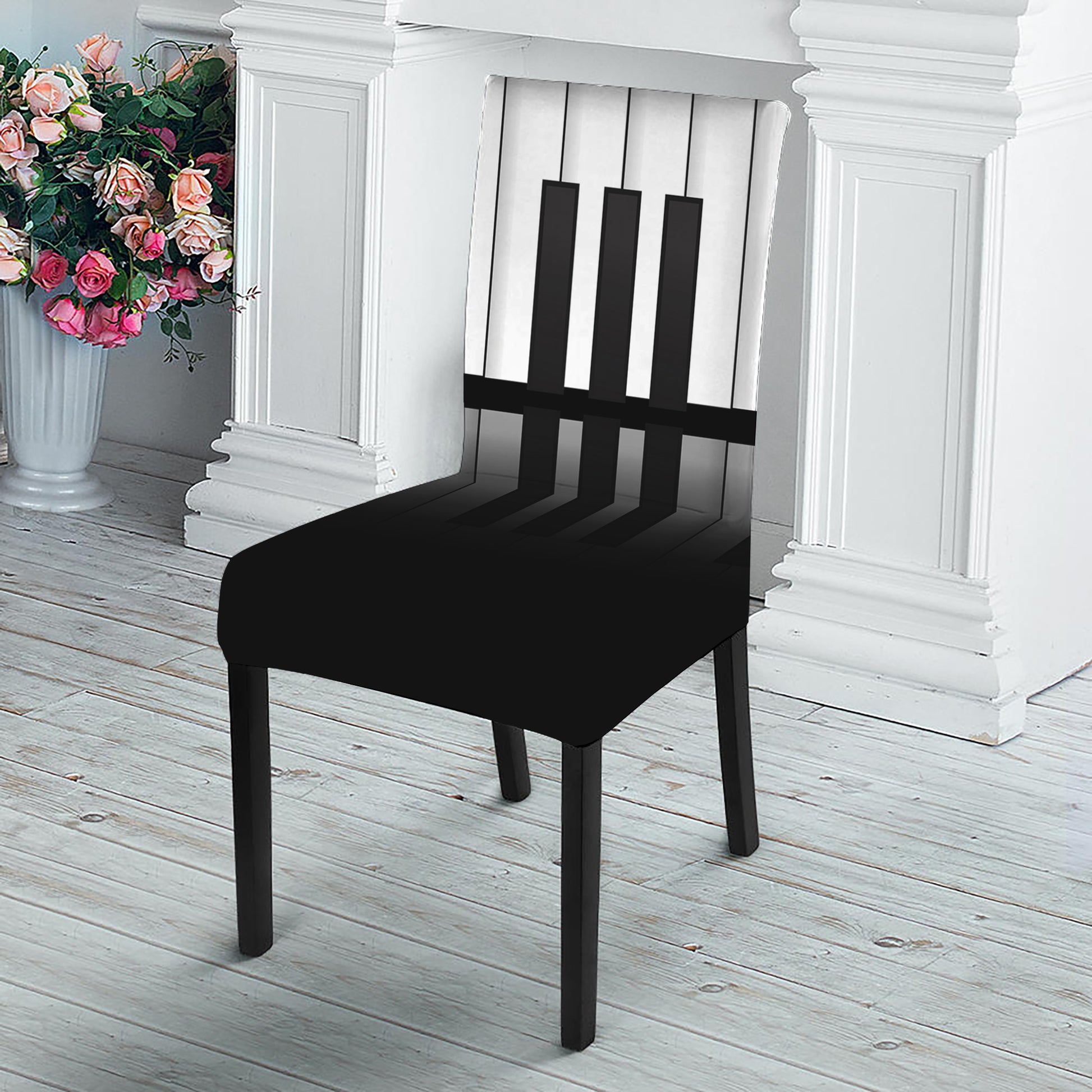 Black And White Piano Keyboard Print Dining Chair Slipcover