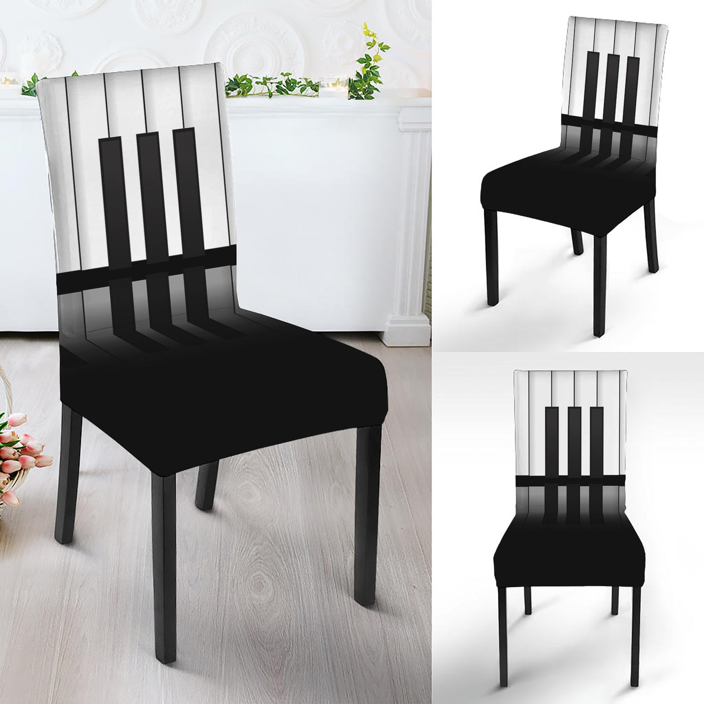 Black And White Piano Keyboard Print Dining Chair Slipcover