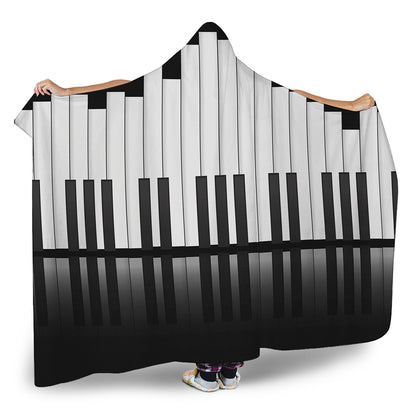 Black And White Piano Keyboard Print Hooded Blanket