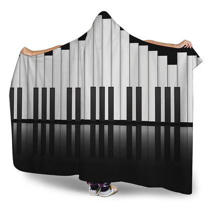 Black And White Piano Keyboard Print Hooded Blanket
