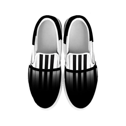 Black And White Piano Keyboard Print White Slip On Shoes