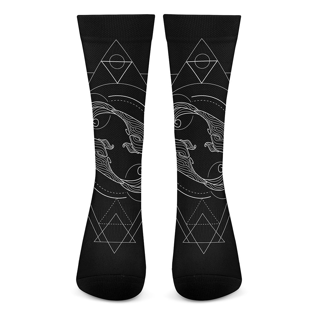 Black And White Pisces Sign Print Crew Socks