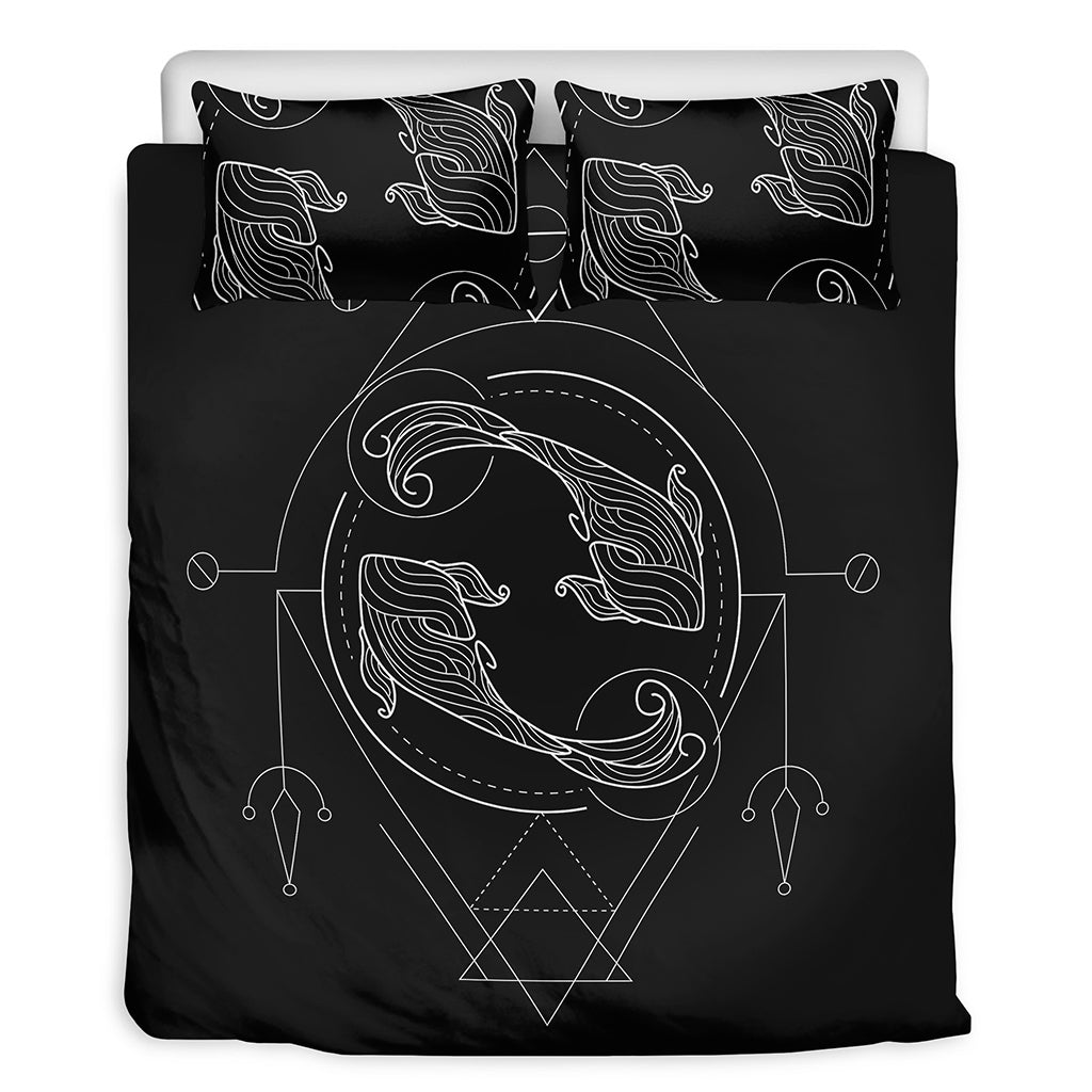 Black And White Pisces Sign Print Duvet Cover Bedding Set