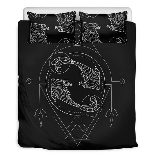 Black And White Pisces Sign Print Duvet Cover Bedding Set