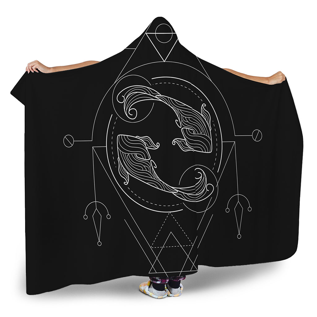 Black And White Pisces Sign Print Hooded Blanket