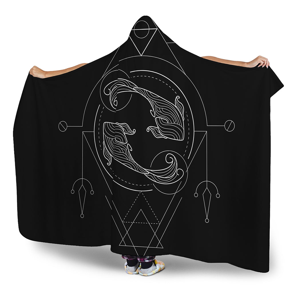 Black And White Pisces Sign Print Hooded Blanket